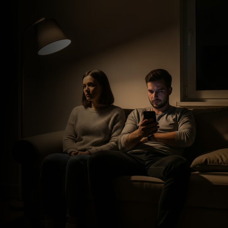 O fotografie de înaltă calitate cu un cuplu care stă pe o canapea, cu spatele la cameră, care transmite tensiune și distanță emoțională, simbolizând tăcerea apăsătoare din relațiile toxice.